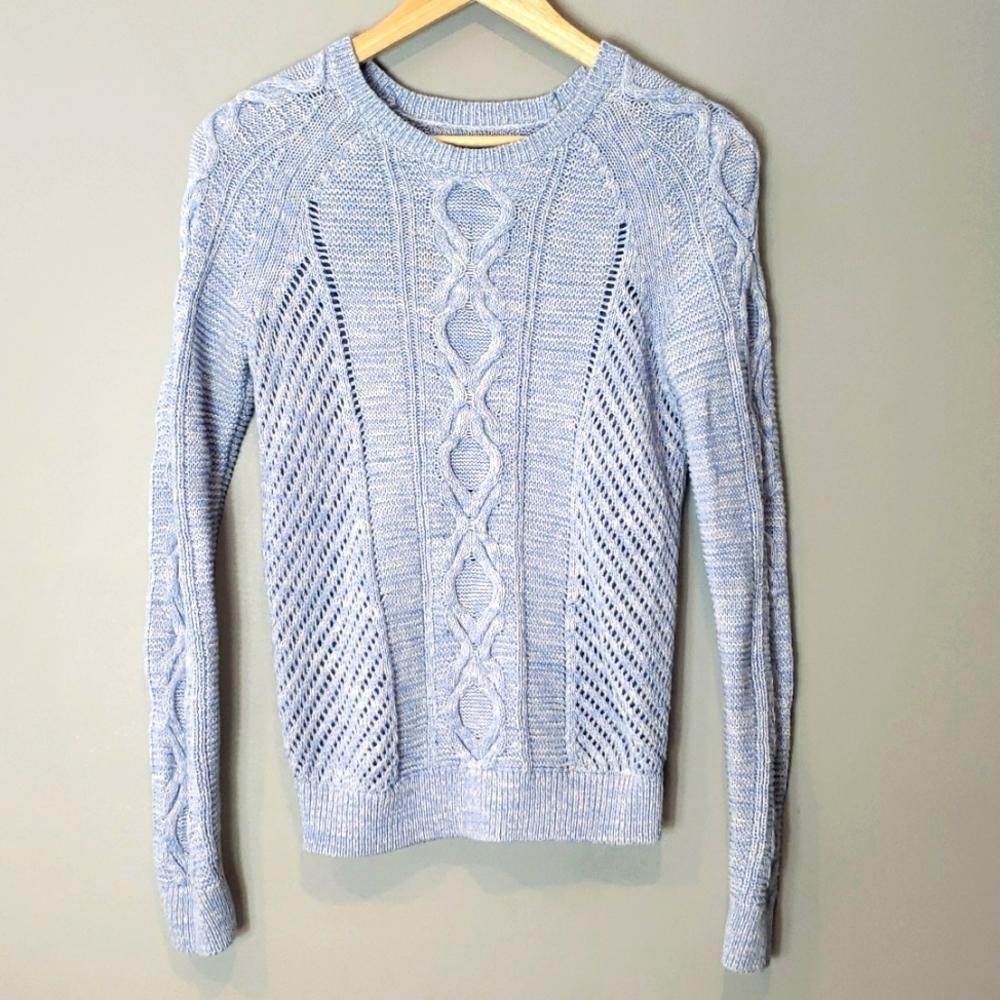 LOFT Light Blue Cable Knit Scoop Neck Sweater